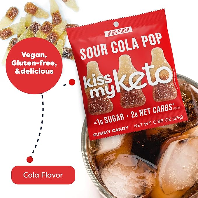 Kiss My Keto Gummies Candy – Low Carb Candy Sour Cola Pop, Keto Snack Pack – Healthy Candy Gummys – Vegan Candy, Keto Gummy Candy – Keto Candy Gummies (16-pack)