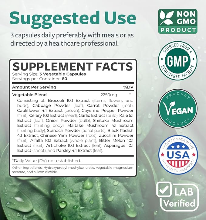 Super Greens Antioxidants Superfoods 2250mg Supplement 20 Ingredients 180 Capsules