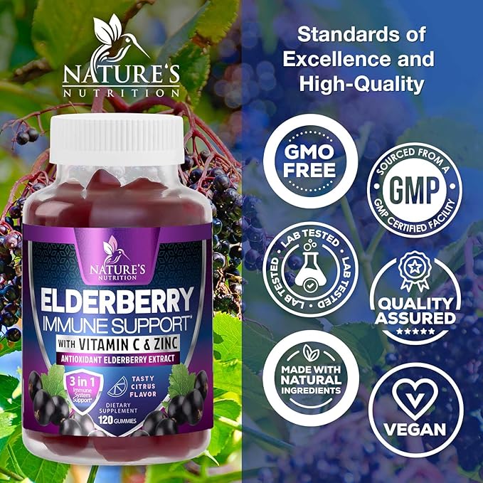 Immune Support Gummies - Powerful Sambucus Elderberry Gummies with Elderberry Extract, Zinc & Vitamin C Gummy, Max Potency Natural Vegan Immune Support Supplement for Adults & Children - 120 Gummies