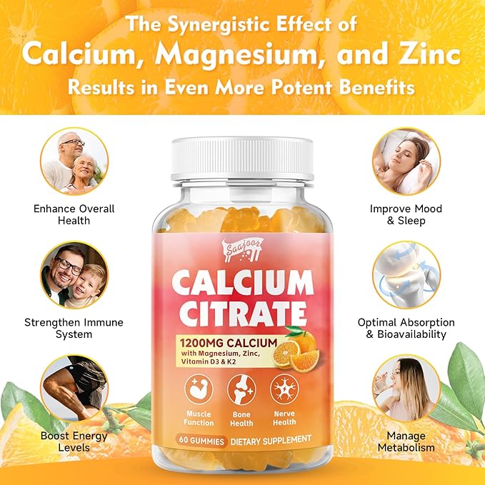 Calcium Citrate Gummies 1200 mg with Vitamin D3, K2, Magnesium, Zinc, Bone Support for Bones, Muscles & Joints,Immunity & Memory Support, 120 Count