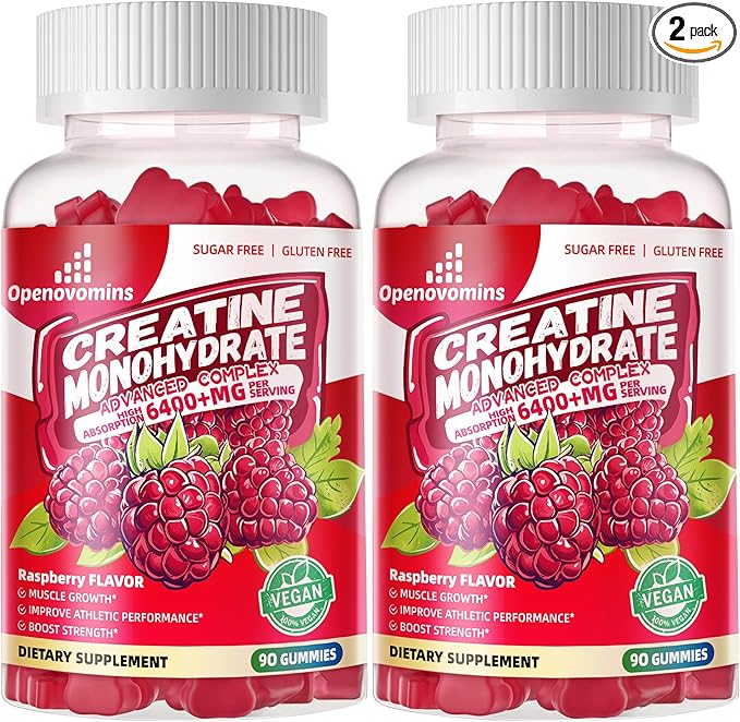 Creatine Monohydrate Gummies Complex 6400mg for Men & Women -Advanced Formula W/L-Taurine + Vitamin B12, Sugar Free Chewable Supplement,180 Raspberry Gummies 2pack