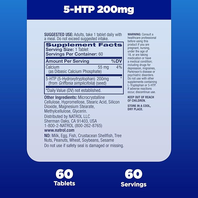 Natrol 5-HTP 200mg, Dietary Supplement Helps 60 Time 60 Day