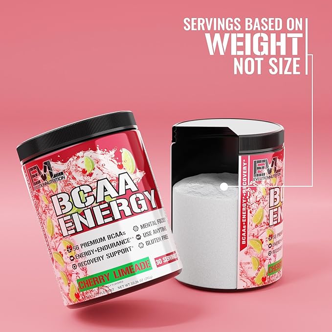 EVL BCAAs Amino Acids Powder - BCAA Energy Pre Workout for Muscle Recovery Lean Growth and Endurance - Rehydrating Post Workout Recovery Drink with Natural Caffeine - Cherry Limeade