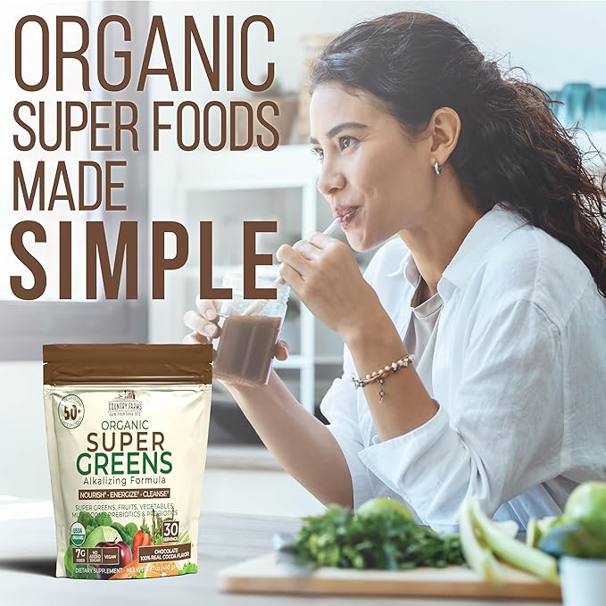 Country Farms Super Greens Chocolate Flavor, 50 Organic 30 Servings