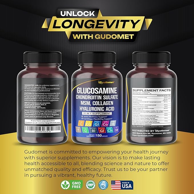 Glucosamine Chondroitin sulfate Methylsulfonylmethane Hyaluronic Acid D3, Black -150 Capsules-