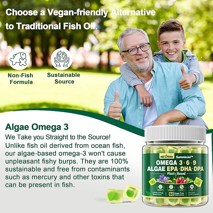 Vegan Omega 3 Gummies, Sugar Free 3 Fish 3-6-9 Fatty Omega-3 Gummies 60 Counts