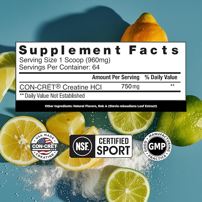 Creatine HCl Powder | Muscle, Cognitive, Cellular Energy Support | No Bloating or Cramps | USA Made & NSF Certified | Lemon Lime (64 Serving)