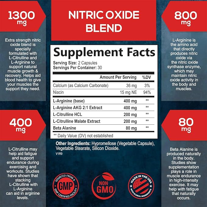 Extra Strength Nitric Oxide Supplement L 3X Strength 60 Capsules