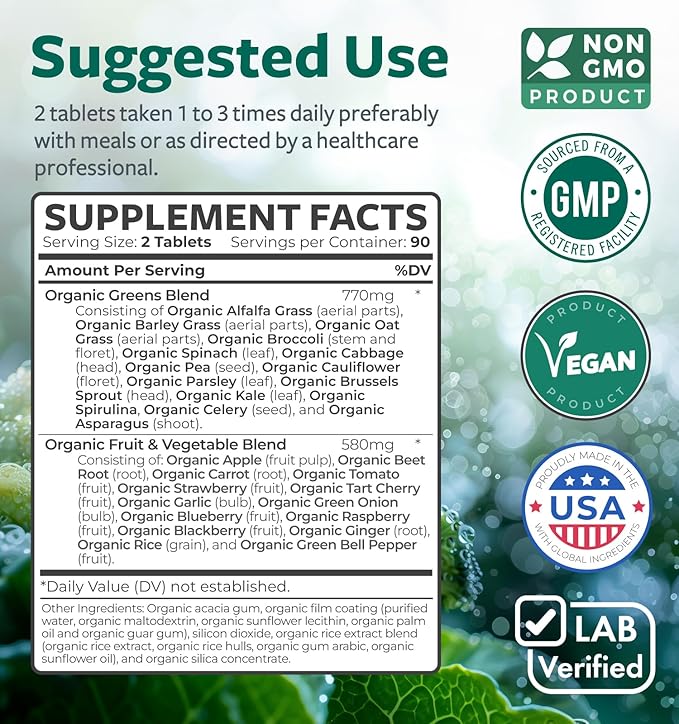 USDA Organic Greens Powder (180 Tablets) 28 Fruits