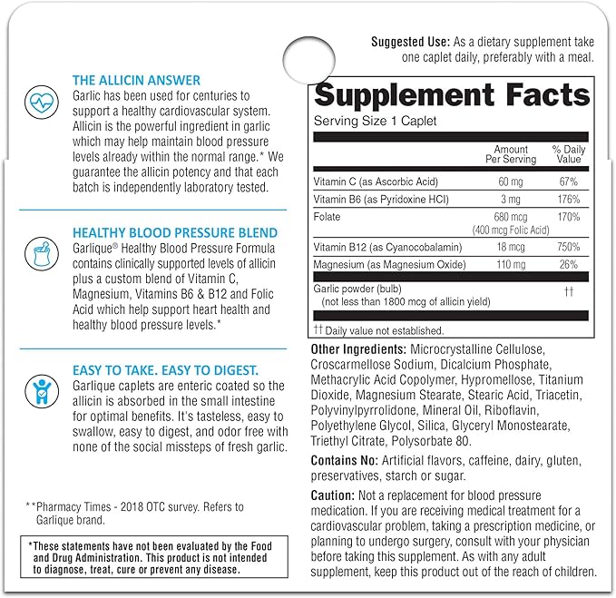 Garlique Garlic Extract Supplement, Healthy Blood 60 Caplets