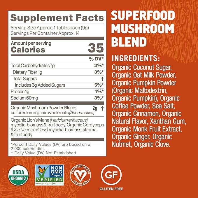 OM MUSHROOM SUPERFOOD, Organic Mushroom Pumpkin Spice Latte Blend, 4.44 Ounce