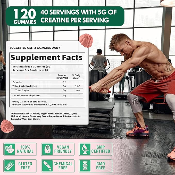 Creatine Monohydrate Gummies 5000mg for Men & Women, Creatine Monohydrate for Muscle Strength, Muscle Builder, Energy Boost, Pre-Workout Supplement(120 Count)-Strawberry Flavor