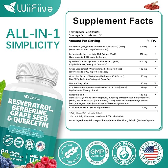New Resveratrol 6000mg Berberine 3000mg Grape 3000mg Quercetin 4000mg,Polyphenol Supplement 60 Capsules
