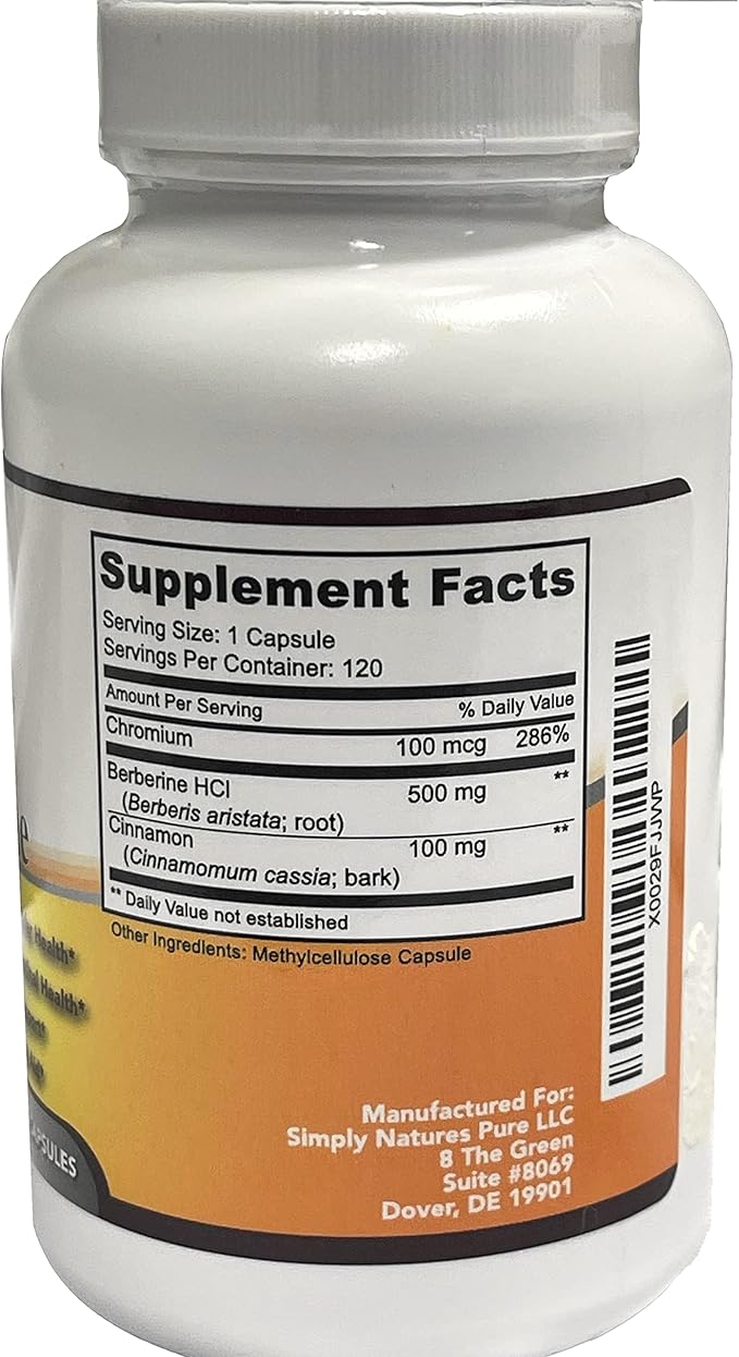 Simply Natures Pure Premium Berberine HCl 500mg - 120 Capsules - Cardiovascular Gastrointestinal Immune Support - Chromium Cinnamon
