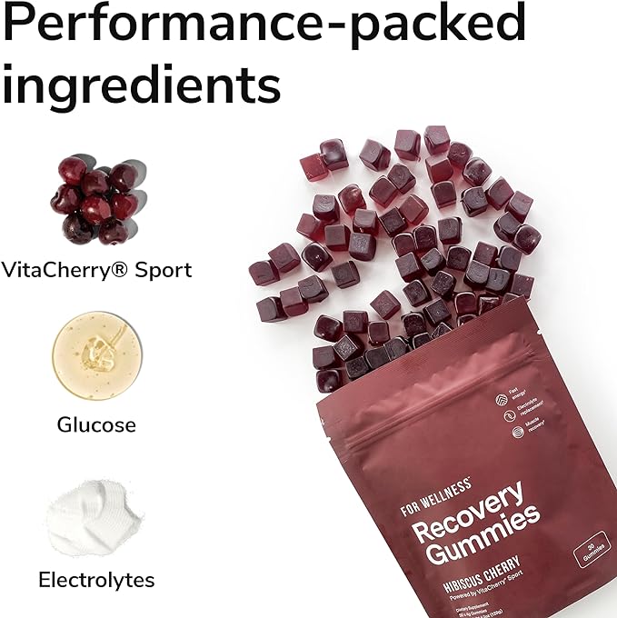Recovery Gummies - Tart Cherry Gummies for Muscle Recovery - Hibiscus Cherry Flavor with Antioxidants & Electrolytes Combats Soreness, Fights Inflammation, Boosts Energy - Vegan, Non-GMO, Gluten-Free