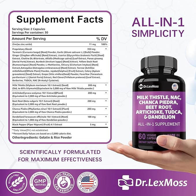 Milk Thistle 3000mg NAC Chanca Piedra 2000mg Artichoke 2000mg Beet 2000mg Dandelion 1000mg, Liver 60 Capsules