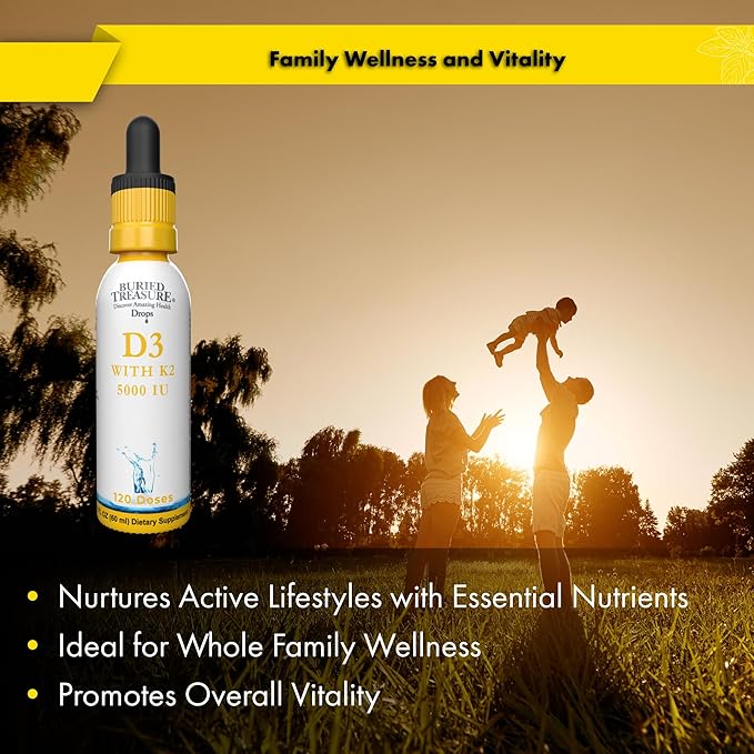 Buried Treasure Vitamin D3 & K2 Drops - 5000 IU D3 with 100 mcg K2 for Bone, Heart & Immune Support, Sugar Free, 2 fl oz