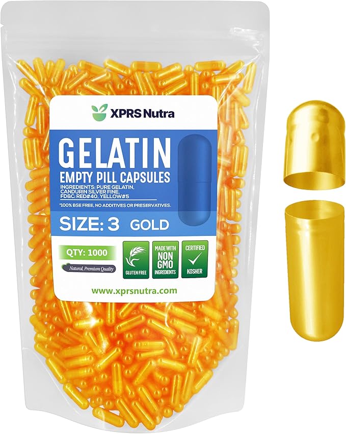 XPRS Nutra Size 3 Empty Capsules - 1000 Count Empty Gelatin Capsules - Empty Pill Capsules - DIY Capsule Filling - Pure Bovine Pill Capsules Empty Gel Caps (Gold)