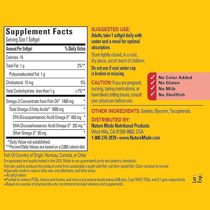 Nature Made Burp Less Ultra Omega 3 Fish 1400 mg, 3 Supplement 45 Softgels