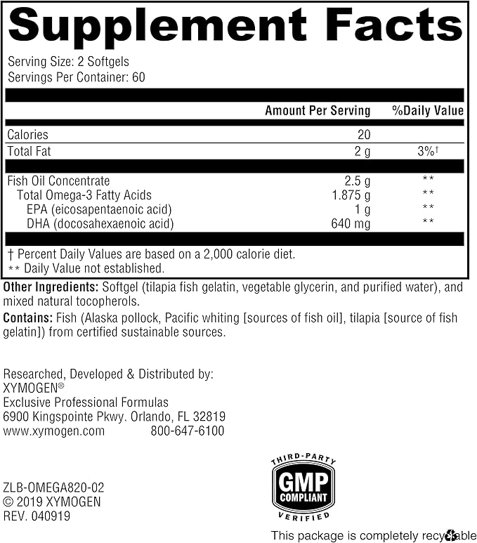 XYMOGEN OmegaPure 820 Omega-3 Supplement (120 Small