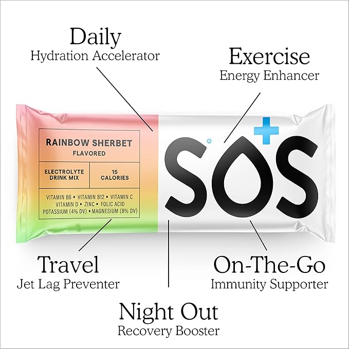 SOS Hydration Electrolyte Powder Drink Mix Packets | Daily Hydration & Energy | Added Essential Vitamins | Low Sugar | 24 Servings (Rainbow Sherbet)