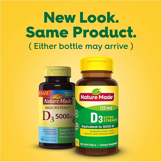 Nature Made Extra Strength Vitamin D3 5000 IU (125 mcg), 180 Softgels, 180 Day