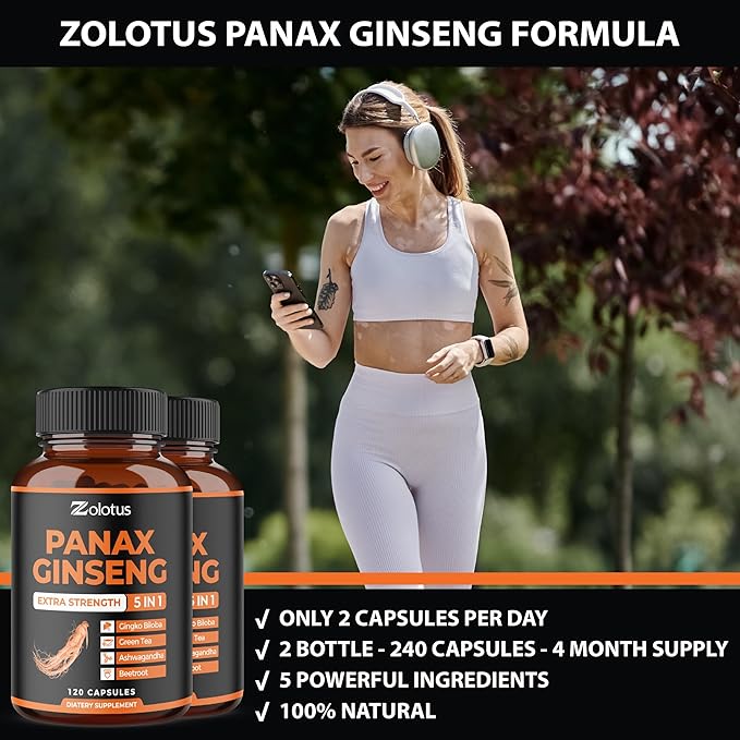 Zolotus 2 Packs Korean Red Panax Ginseng + Ginkgo Biloba, 2800mg with Ashwagandha, Beet Root, Green Tea, Boost Energy, Mood, Focused Strength, Enhanced Stamina Performance, 240 Capsules