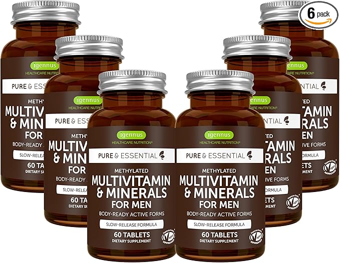 Igennus Methylated Men's Multivitamin, MTHFR Supplement with Active B-Vitamins, 21 Highly Bioavailable Nutrients, Multivitamin for Sustained Release, Clean Label, Non-GMO & Halal 180 Tablets x6