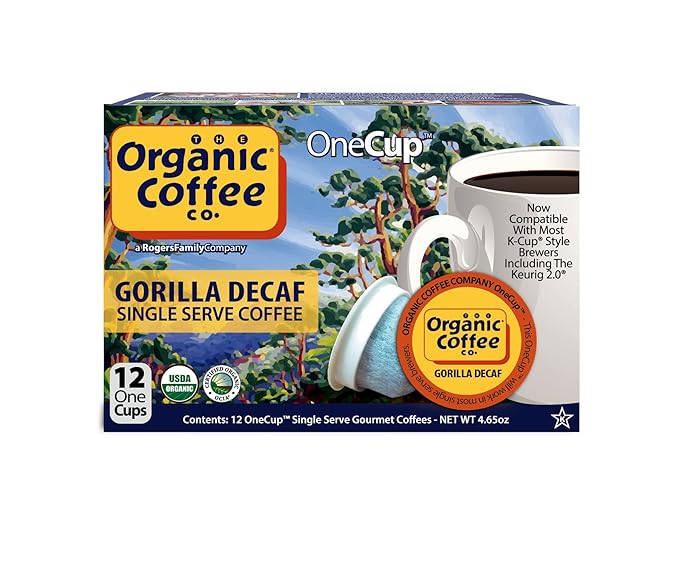 The Organic Coffee Co. Compostable Coffee Pods - Gorilla Decaf (12 Ct) K Cup Compatible including Keurig 2.0, Medium Roast, Swiss Water Processed, USDA Organic