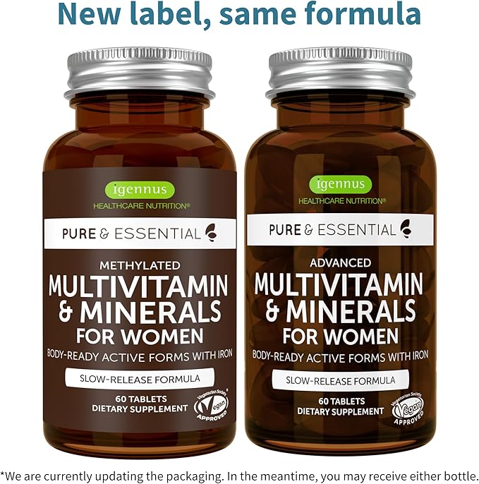 Igennus Methylated Women's Multivitamin, Methylated Folate for MTHFR, Clean Label & Sustained Release, with Iron, Non-GMO, Halal, 60 Vegan Tablets