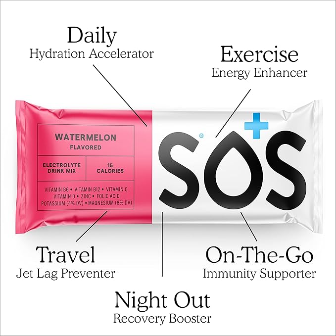 SOS Hydration Electrolyte Powder Drink Packets; Daily Hydration & Energy; Added Essential Vitamins; Low Sugar: 24 Servings