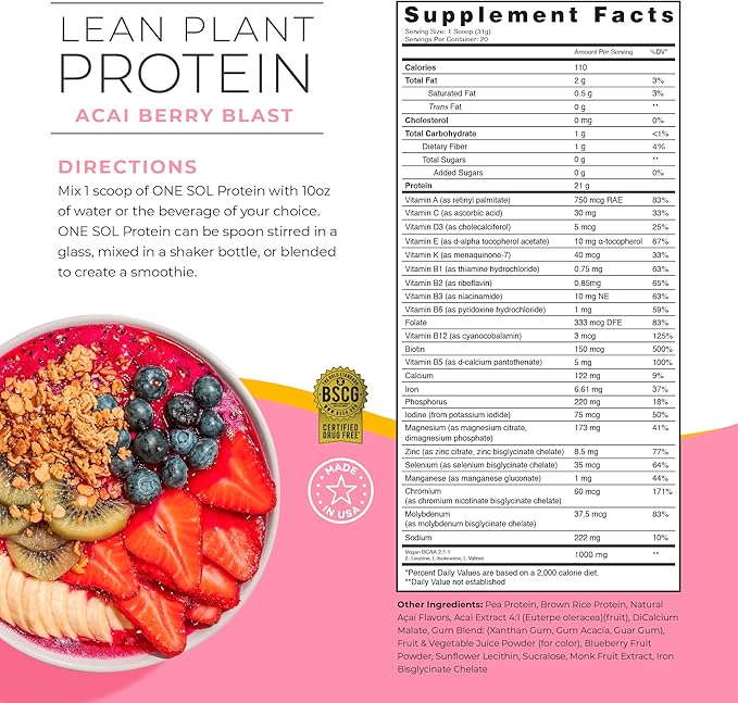 One Sol Protein Powder, Lean & 100% Plant-Based