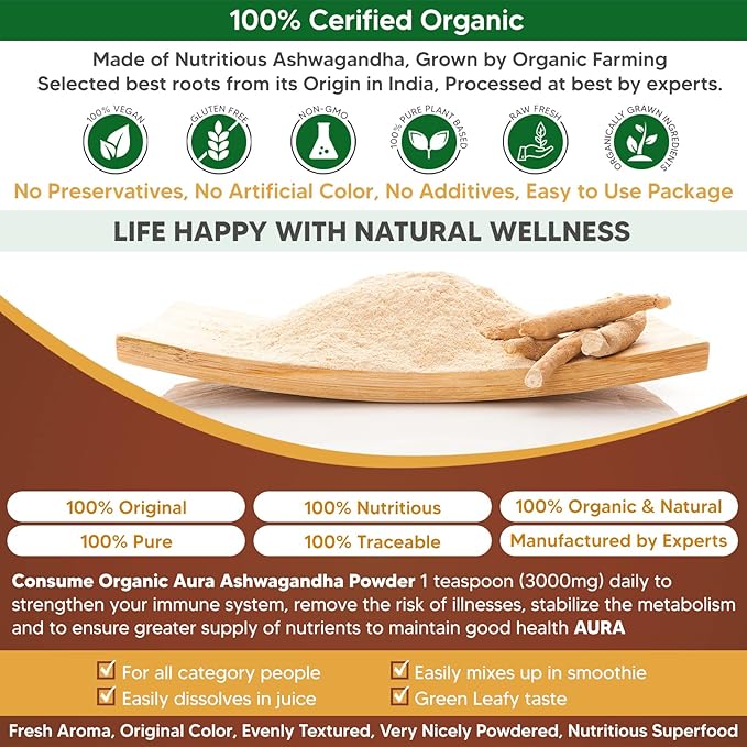 Certified Organic Ashwagandha Root Powder 8Oz -1/2Lb. Enhances 100% Pure