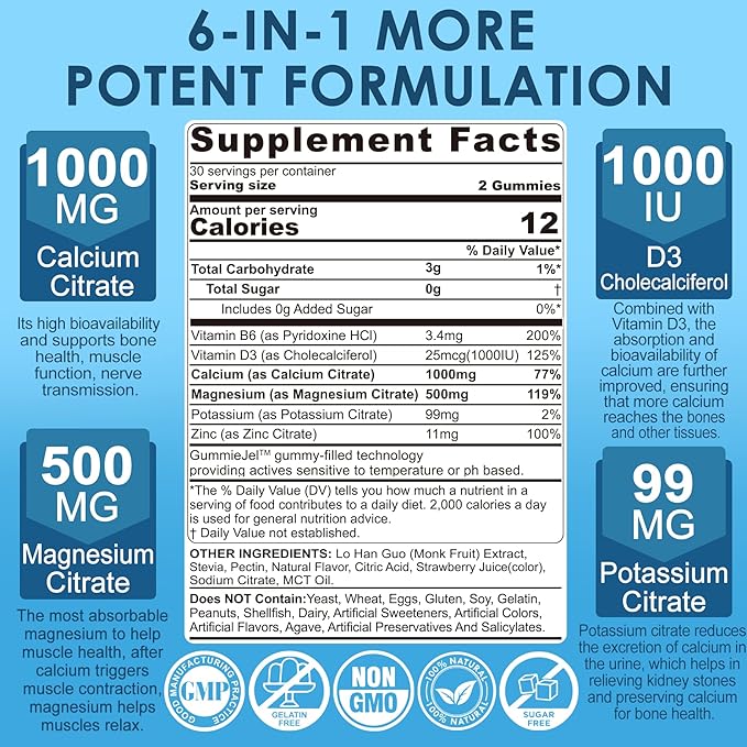 Calcium Citrate 1000mg, Calcium Gummies with Calcium & Magnesium 2:1 Ratio, Plus Vitamin D3, Zinc, B6 & Potassium – High Absorbable Calcium Chewable, Bone & Muscle Support, Vegan, Sugar-Free, 120Cts
