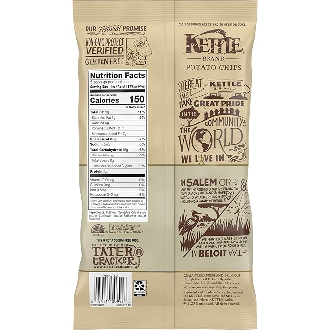 Kettle Brand Potato Chips, Unsalted Kettle Chips, 5 Oz (Pack of 15)