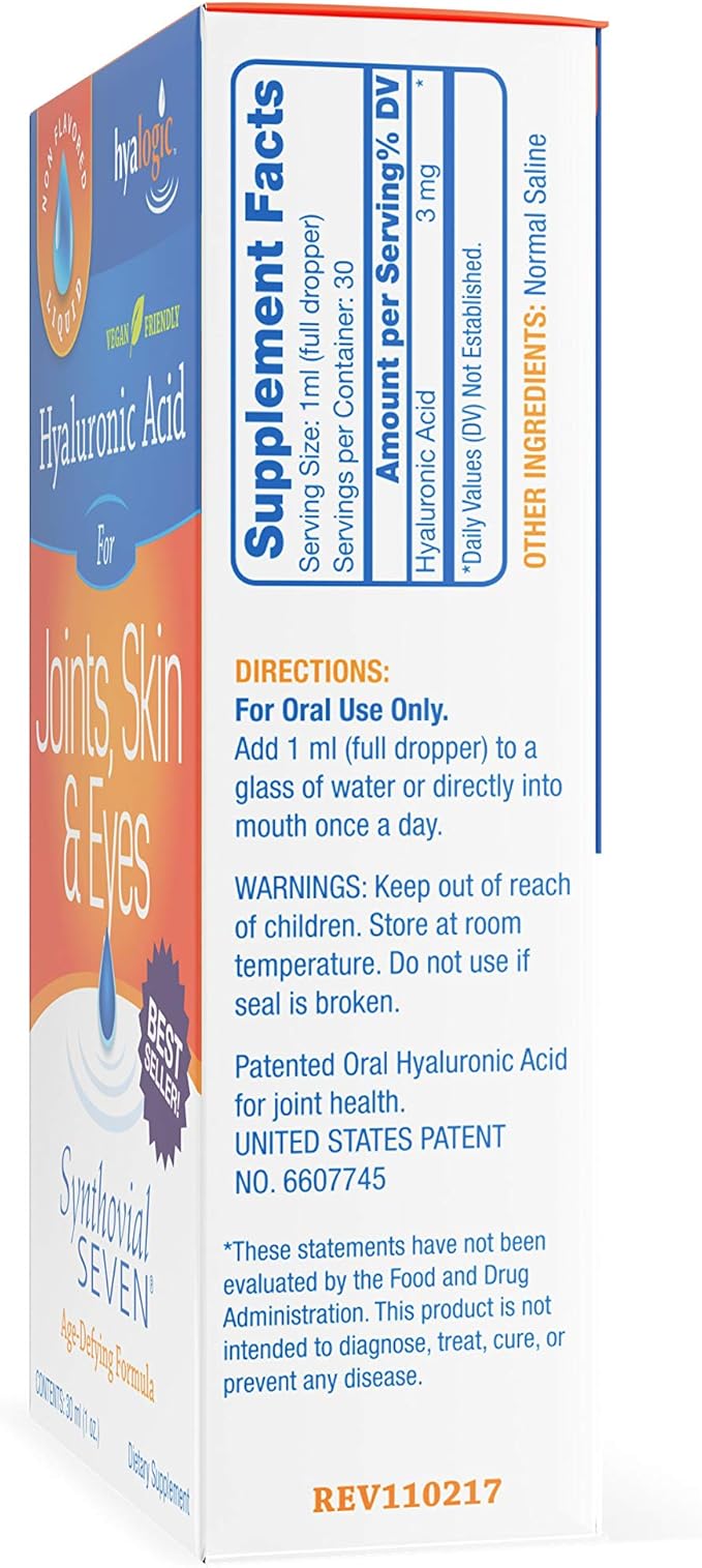 Hyalogic Synthovial Seven - Oral Hyaluronic Acid Supplement 1oz - Liquid HA Supports Skin, Joint, Eye, and Lip Hydration - Vegan, Gluten Free 1 Ounce