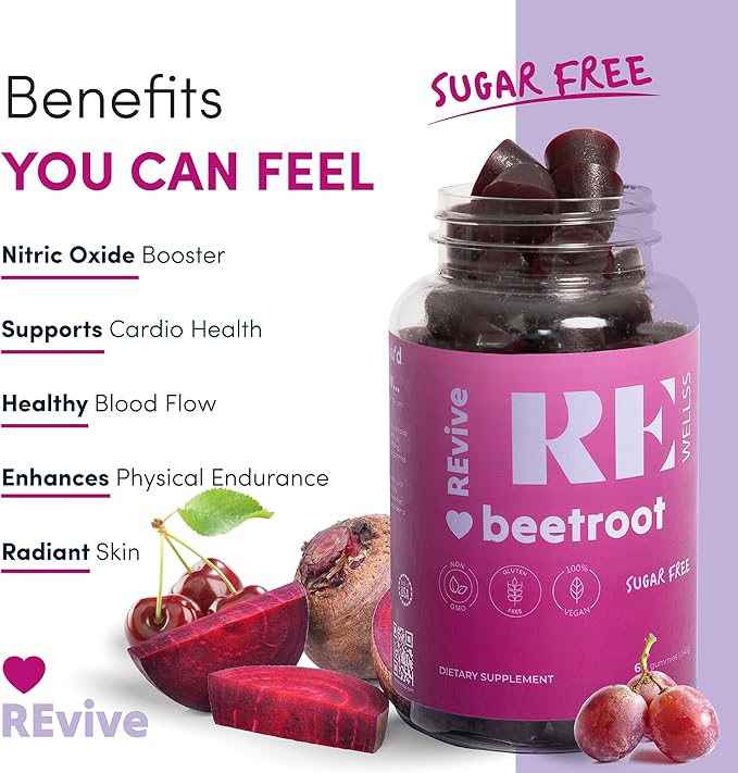Beet Root Gummies with Grape Seed Extract Energy Supplements I Sugar Free Nitric Oxide Supplements for Men & Women I Heart Healthy Energy & Blood Pressure Support I 60 Gummies - Cherry Flavor