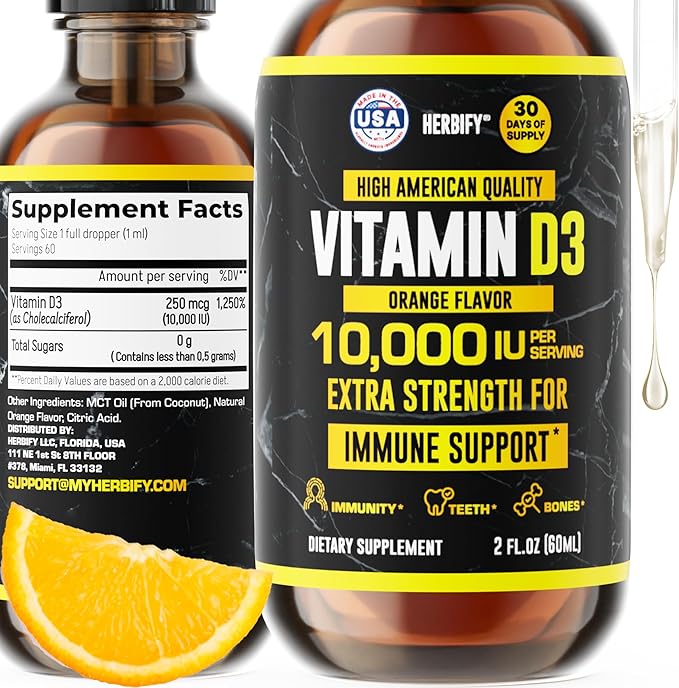 HERBIFY Vitamin D3 10000 IU - Made in USA Liquid Vitamin D Drops - Bone Strength and Immune Support Supplement - Sunshine Replacement - D3 Vitamin Bone and Teeth Supplement - 2 Oz