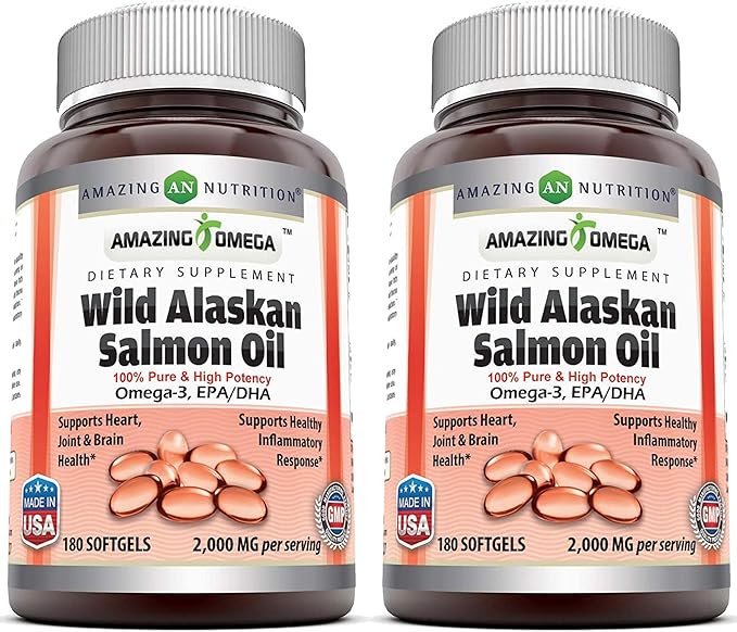 Amazing Omega Wild Alaskan Salmon Oil 2000mg Per Serving Softgels Supplement (180 | 2 Pack)