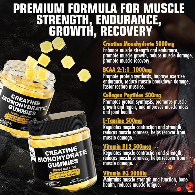 Creatine Monohydrate Gummies 5g for Men 7000mg with B12, D3, D3, Chewables 2 Pack
