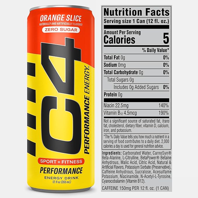 Cellucor C4 Performance Energy Drink | Zero Sugar Carbonated Preworkout Energy | 150mg Caffeine with Beta Alanine | Orange Slice | 12 Fl Oz (12 Pack)