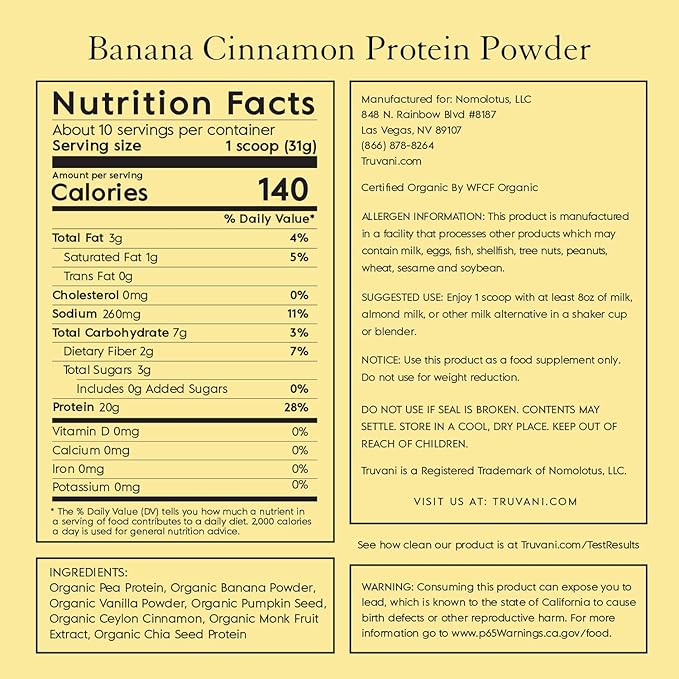 Truvani Vegan Pea Protein Powder 20g Organic 10 Servings