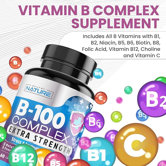 Vitamin B Complex B1, B2, B2, B3, B3, B5, B5, B6, B6, B7, B7, B9, B9, B12, B12, Folic B-100 Supplement 60 Capsules