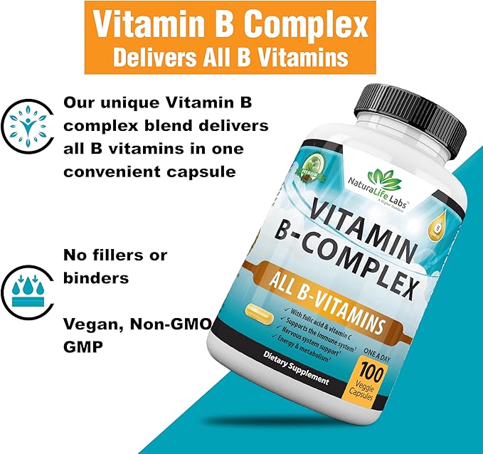 Vitamin B Complex with Vitamin C B12, B1, B1, B2, B2, B3, B3, Vitamin B5 Pantothenic B6, B7, B7, B9 B9 - 100 Veggie