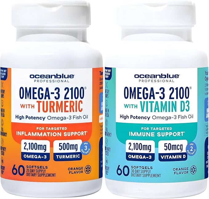 Oceanblue Omega-3 2100 Advanced Wellness Bundle – Vitamin D3 & Turmeric – High Potency Fish Oil for Heart, Joint & Immune Support – 2-Pack