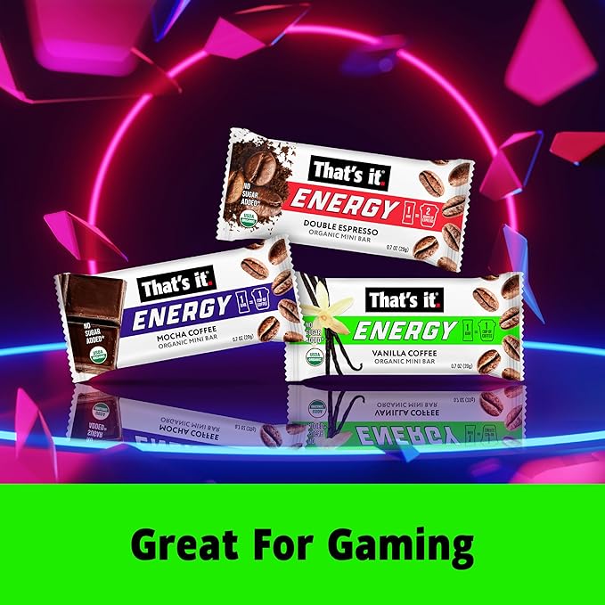 That’s it. Organic Energy Coffee Mini Bars - (6 each of Vanilla, Mocha, Double Espresso) Grab and Go, No Added Sugars, Non-GMO, Caffeine Power Snack, Kosher, Allergy Friendly (Variety - 18 Count)