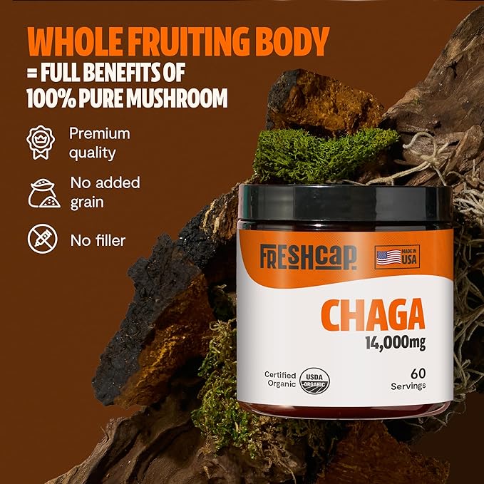FreshCap Chaga Mushrooms Powder 14,000mg - Chaga Mushroom Powder, Chaga Mushrooms, Mushroom Supplement Powder Antioxidants Supplement Mushroom Extract, Ayurveda Nootropic Immune Support (60 Servings)