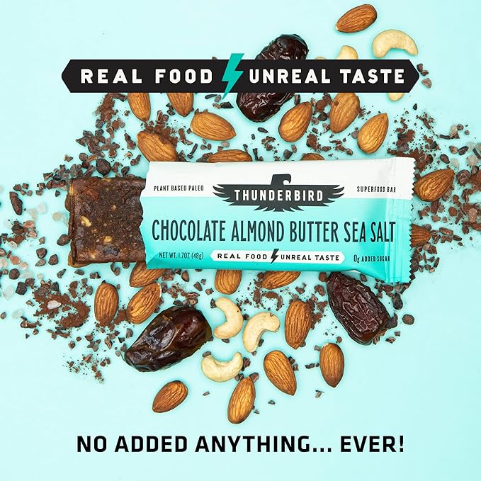 Thunderbird Bars Energy Snack, Gluten-Free with Protein, Healthy Real Food, Vegan Paleo Non-GMO, No Added Sugar, Chocolate Almond Butter Sea Salt Flavor (6 Count, 1.7 oz. Bars)