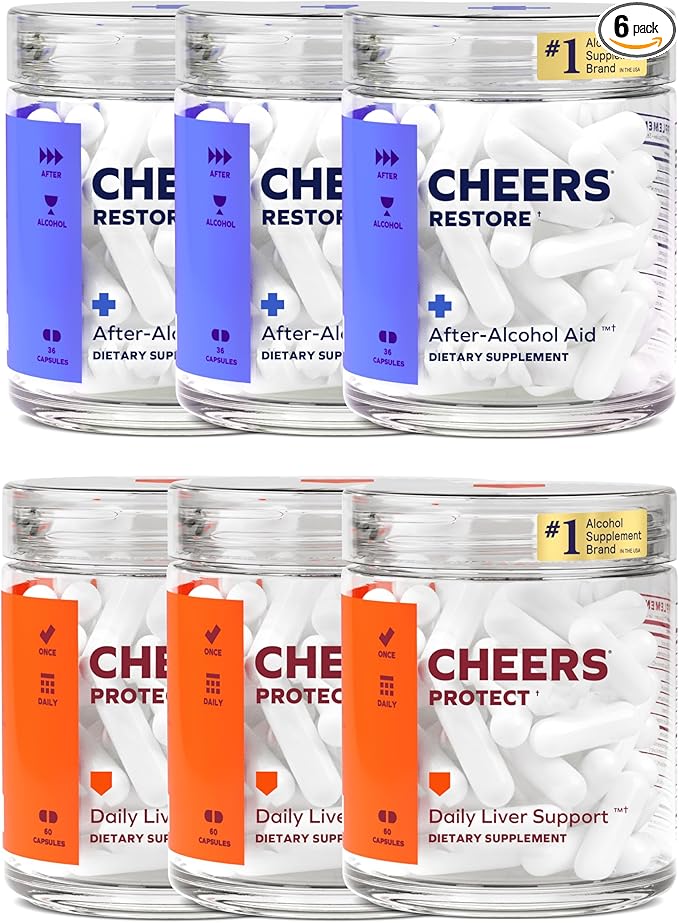 Cheers Liver Combo | Restore + Protect | Support Your Liver & Feel Better After Drinking | DHM, L-Cysteine, Milk Thistle, Prickly Pear, B-Vitamins | 36 Doses Restore, 90 Doses Protect | Supplements