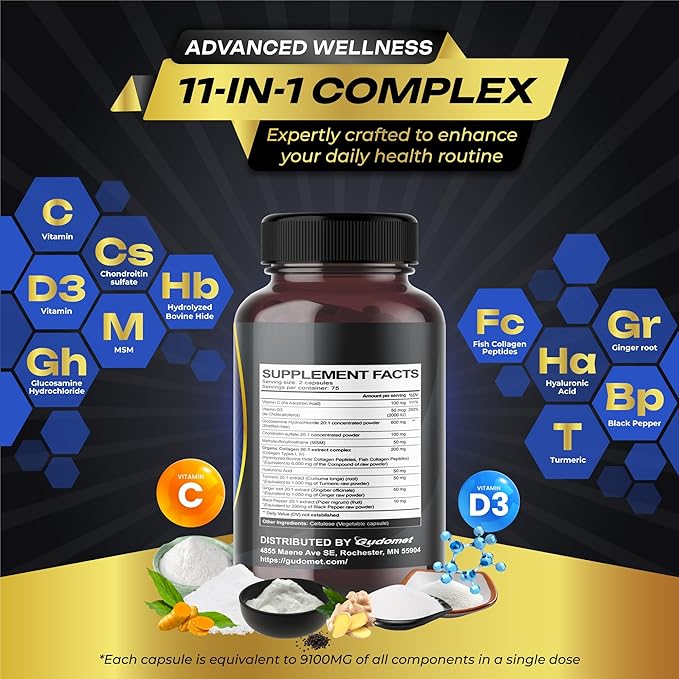 Glucosamine Chondroitin sulfate Methylsulfonylmethane Hyaluronic Acid D3, Black -150 Capsules-